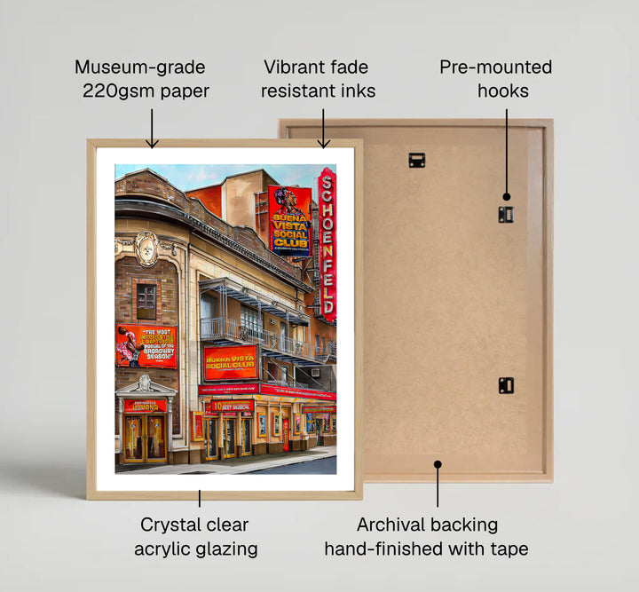 Graphic NYC architectural wall decor showing the classic Beaux-Arts facade and red vertical sign for the Gerald Schoenfeld Theatre on West 45th Street, produced by MapYourDreams with available options for an unframed poster print, museum gallery canvas, or custom frames in pure gold and silver.