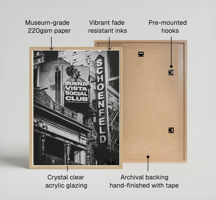 Black and white NYC architectural wall decor showing the classic Beaux-Arts facade and vertical marquee for the Gerald Schoenfeld Theatre on West 45th Street, produced by MapYourDreams with available options for an unframed poster print, museum gallery canvas, or custom frames in pure gold and silver.
