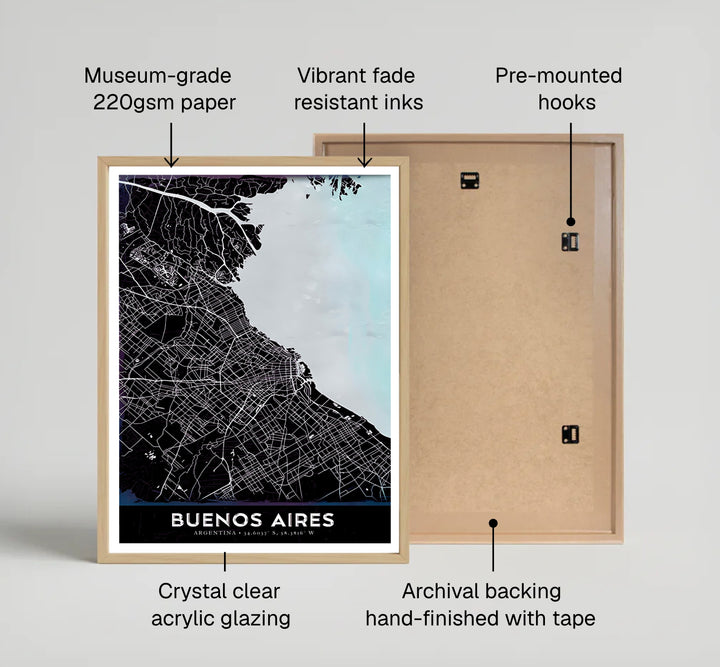 Vibrant black and icy blue cartography print depicting the full metropolitan layout of Buenos Aires along the riverbank. Offered by MapYourDreams, customers can choose between standalone paper prints, ready-to-hang wooden frames, and gallery canvas wraps.