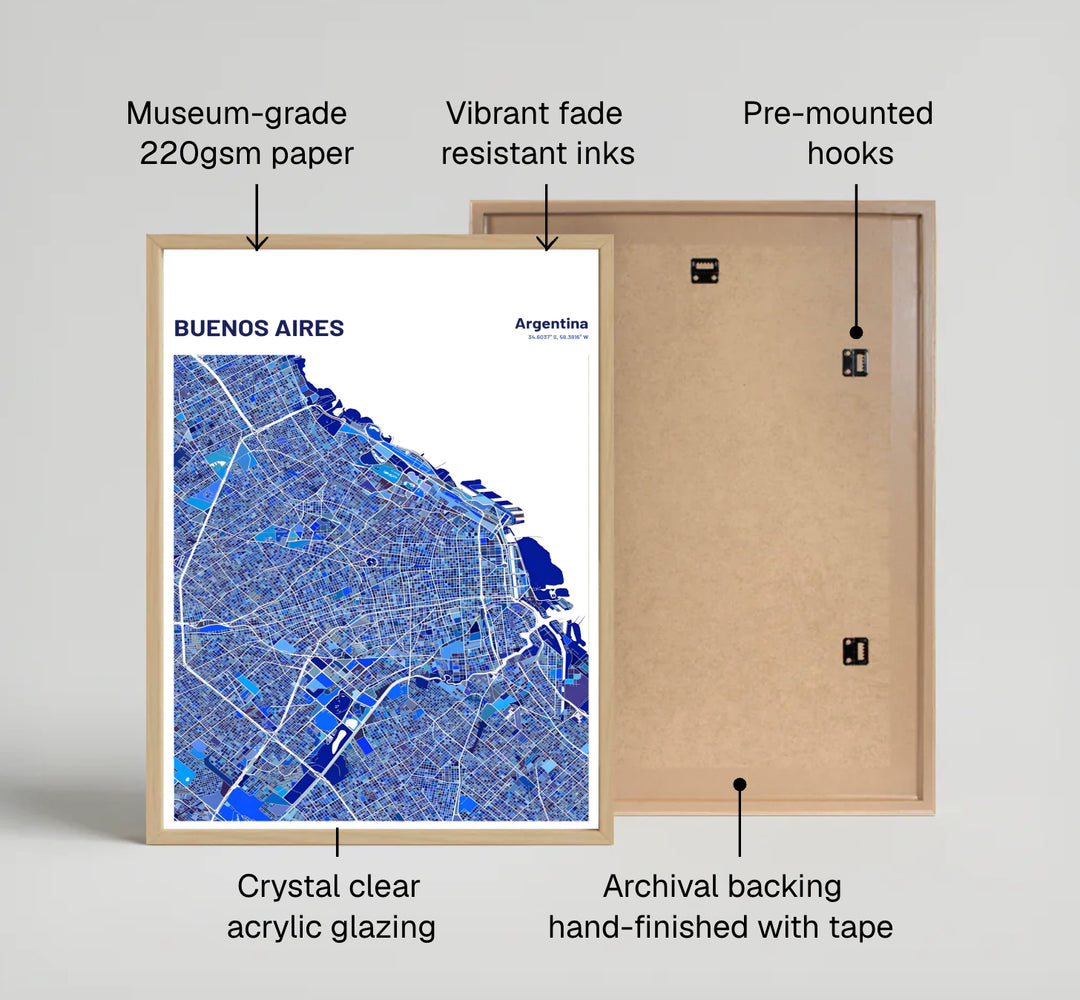 Sleek blue cartography wall art of Buenos Aires in Argentina showing white road lines over rich multi-tonal blue city terrain. Available directly from MapYourDreams, this print comes in versatile mediums including roll-packed paper, custom frames, or stretched canvas wraps.