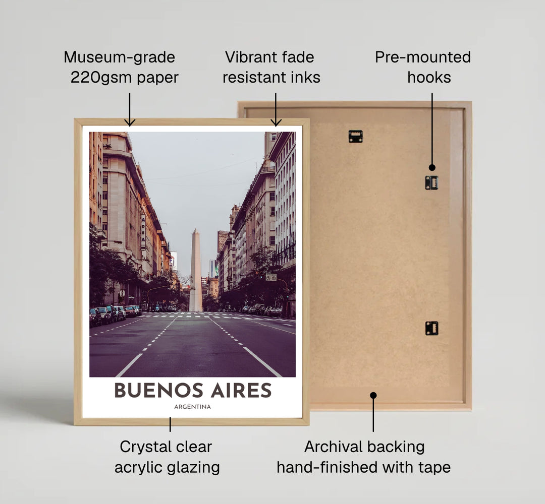 Atmospheric urban photo poster of Avenida Corrientes leading to El Obelisco in Buenos Aires for modern home or executive office decor. Available directly from MapYourDreams, this print comes in versatile mediums including roll-packed paper, custom frames, or canvas wraps.