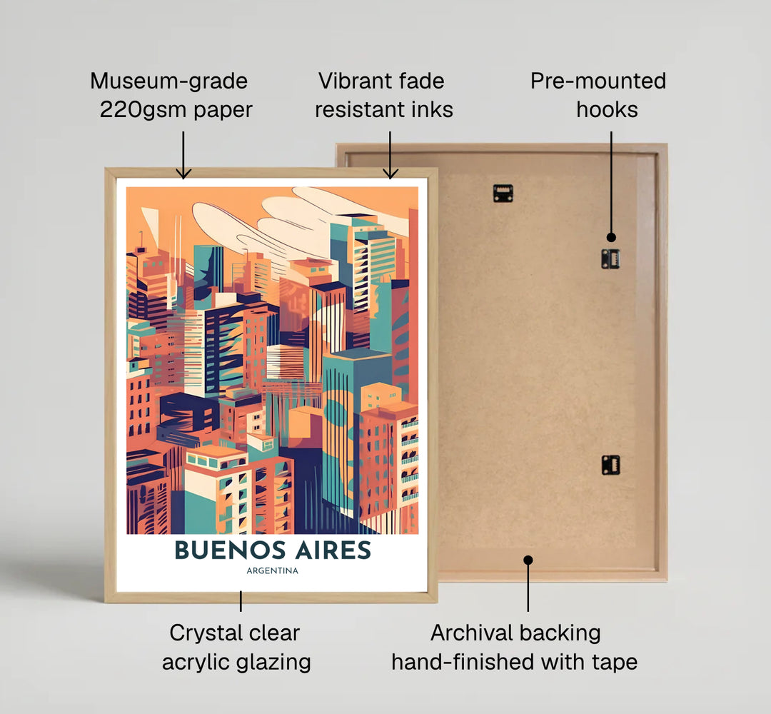 Colorful urban architectural art print capturing the dense skyscraper panorama of downtown Buenos Aires in Argentina. Offered by MapYourDreams, customers can choose between standalone paper prints, ready-to-hang wooden frames, and gallery canvas wraps.