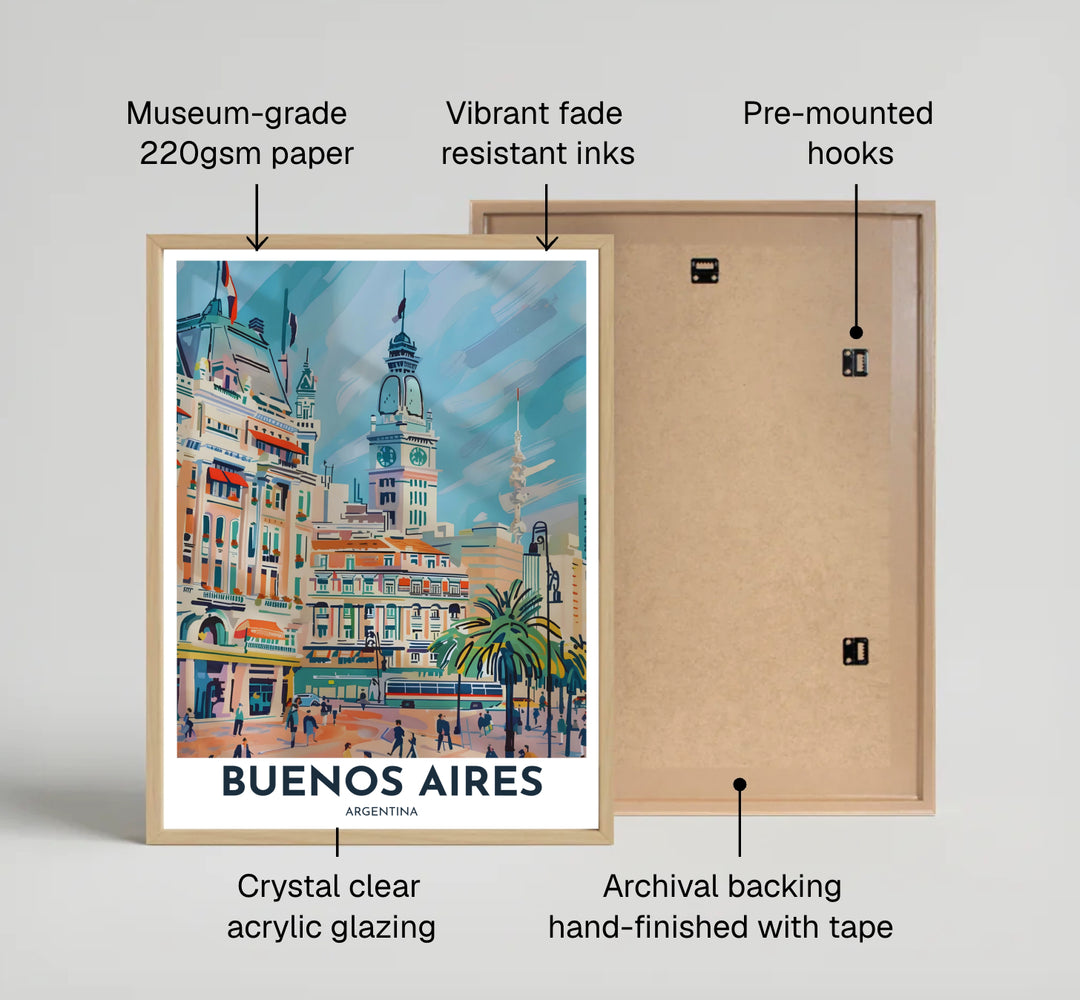 Scenic urban travel poster showing palm trees and grand architecture along a bustling avenue in central Buenos Aires. Available directly from MapYourDreams, this print comes in versatile mediums including roll-packed paper, custom frames, or canvas wraps.