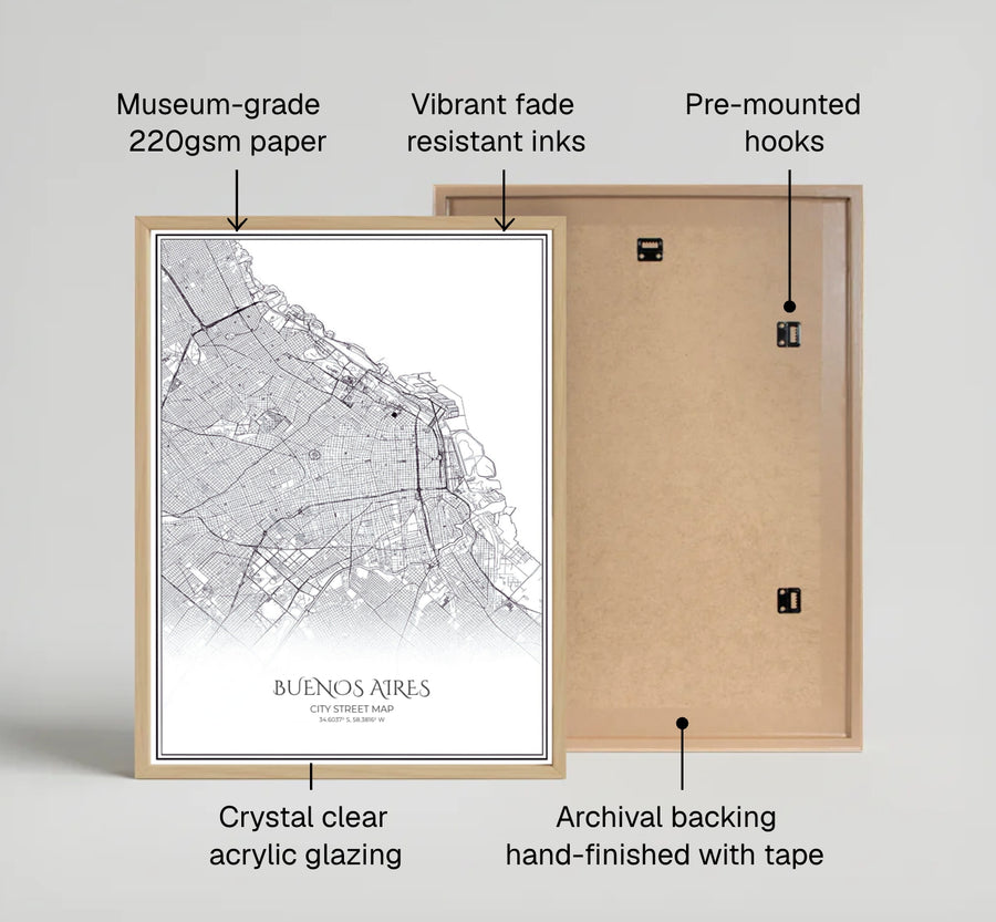 Linear road network map print of Buenos Aires presenting a clean geometric aesthetic with crisp black ink on bright white art paper. Offered by MapYourDreams, customers can choose between standalone paper prints, ready-to-hang wooden frames, and gallery canvas wraps.