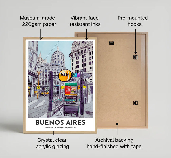 Historic city street watercolor poster of central Buenos Aires featuring classic stone domes and metro entrance details. Available directly from MapYourDreams, this print comes in versatile mediums including roll-packed paper, custom frames, or canvas wraps.