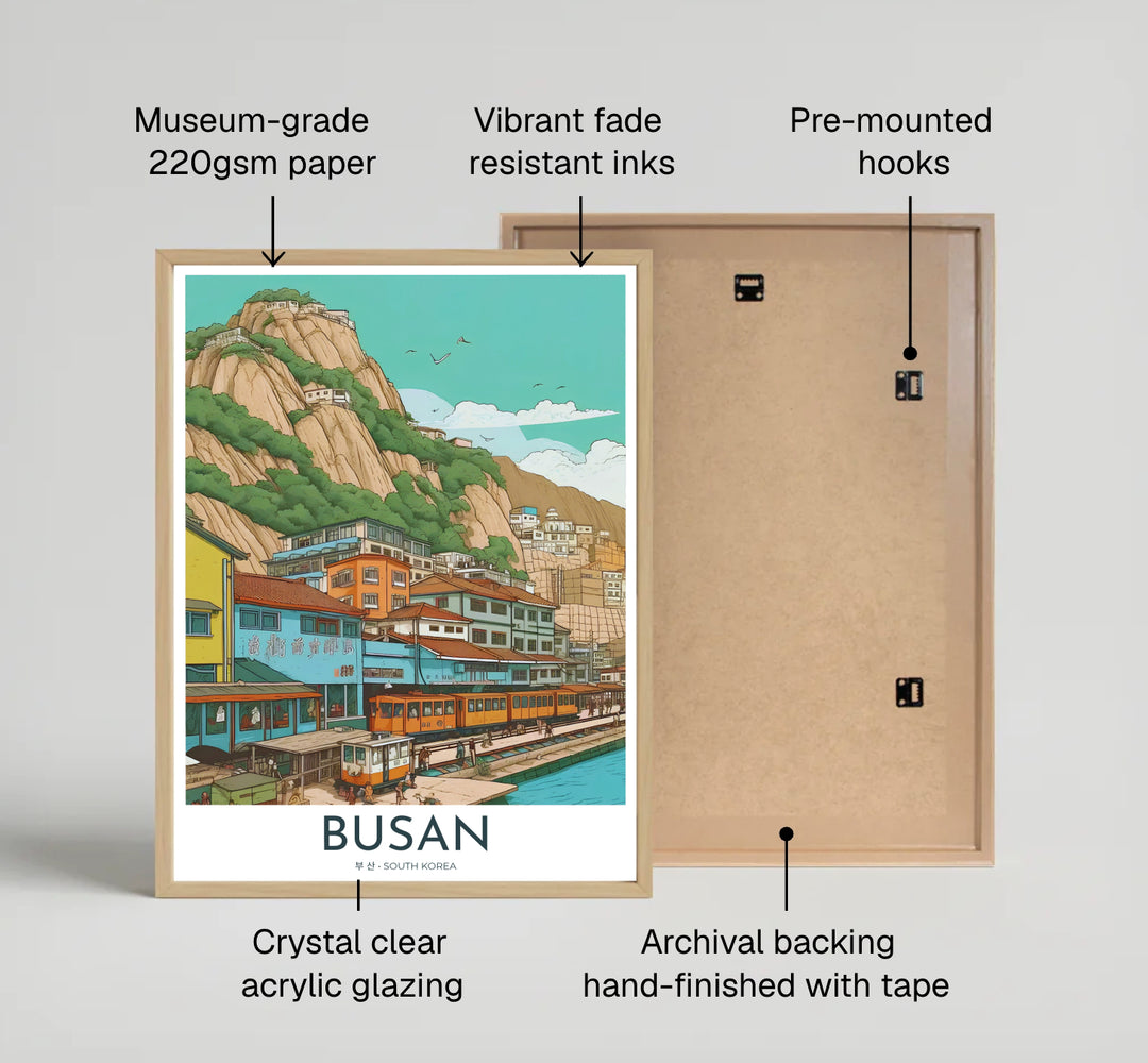 High-detail travel print showcasing the coastal charm of Busan, South Korea, with stacked pastel structures, rocky hilltops, and a charming train track along the harbor. Offered by MapYourDreams, this artwork is available in flexible options including unframed paper, custom wooden frames, and gallery canvas wraps.