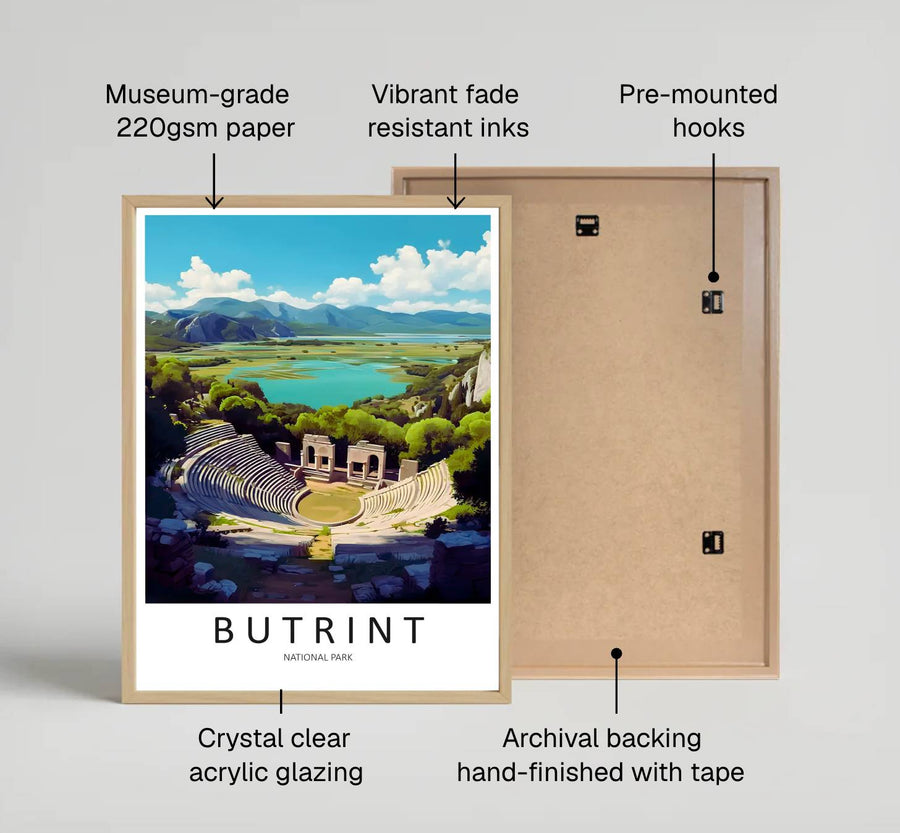 Modern vintage-style travel artwork showing Butrint Albania on archival stock with refined typography reading Butrint National Park for your home decor. Offered by MapYourDreams, this artwork is available in flexible options including unframed paper, custom wooden frames, and gallery canvas wraps.