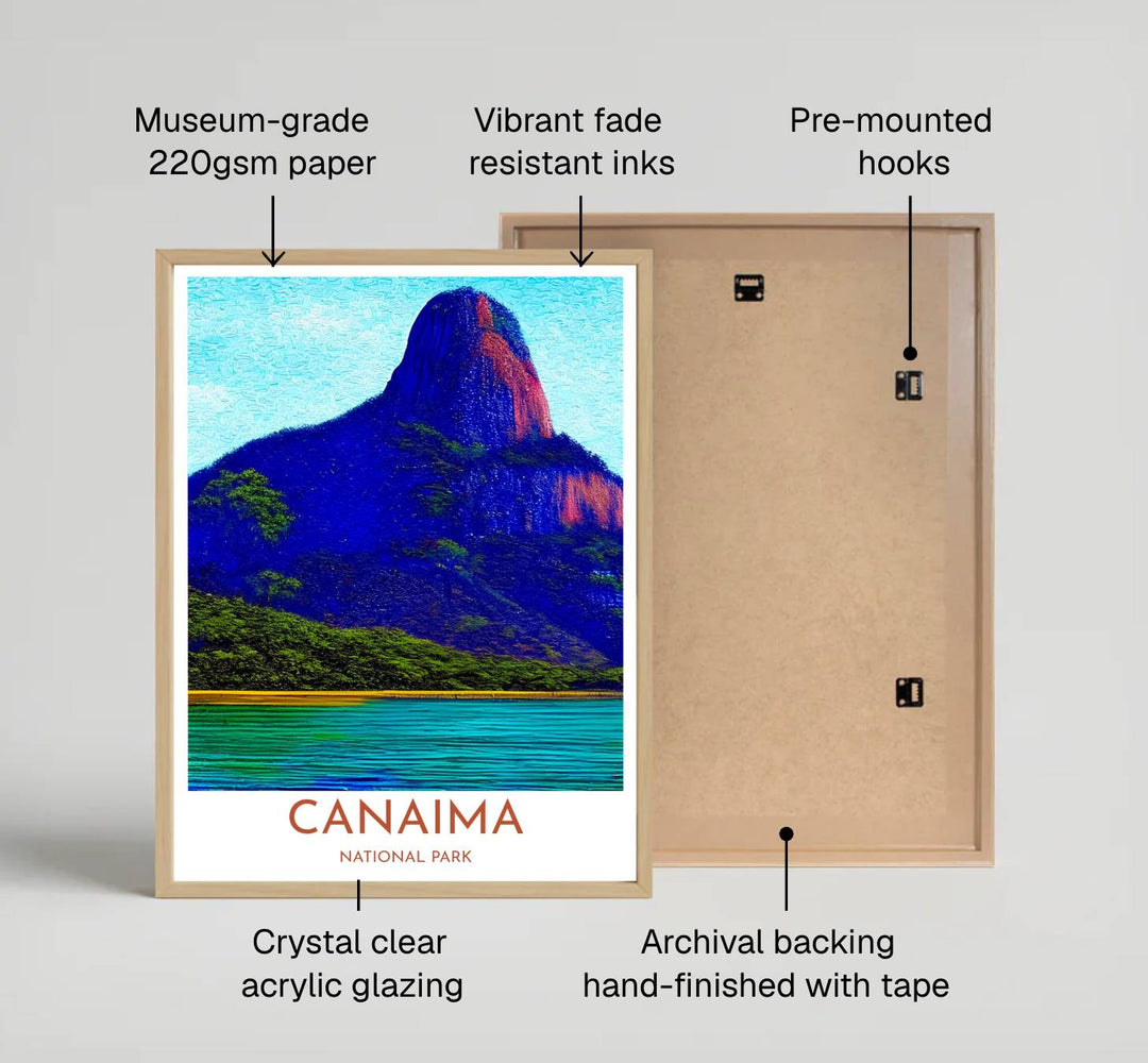 Saturated landscape art print capturing the impasto paint textures, swirling sky, and ancient geological scale of Canaima. Offered by MapYourDreams, customers can choose between standalone paper prints, ready-to-hang wooden frames, and gallery canvas wraps.