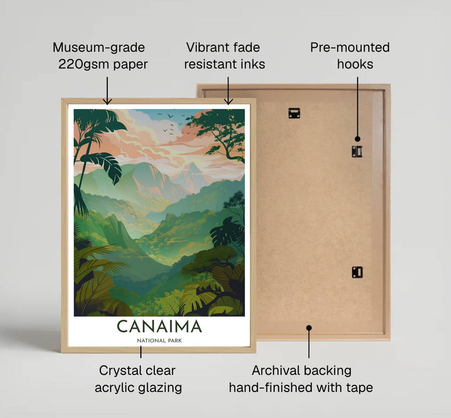 Fine art travel poster featuring clean margin headers reading CANAIMA NATIONAL PARK beneath a tropical mountain valley illustration. Available directly from MapYourDreams, this print comes in versatile mediums including roll-packed paper, custom frames, or canvas wraps.