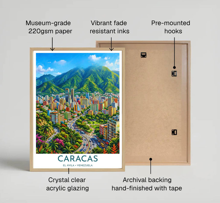Tropical city travel art print capturing the bright sunshine, green mountain peaks, and colorful architecture of Caracas. Offered by MapYourDreams, customers can choose between standalone paper prints, ready-to-hang wooden frames, and gallery canvas wraps.