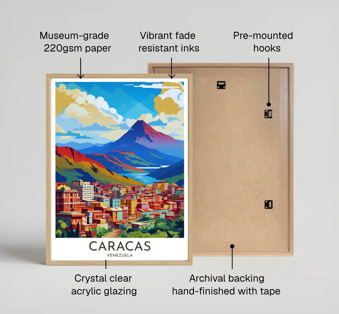 Fine art travel poster featuring margin headers reading CARACAS VENEZUELA beneath a vibrant pop-art mountain landscape illustration. Available directly from MapYourDreams, this print comes in versatile mediums including roll-packed paper, custom frames, or canvas wraps.