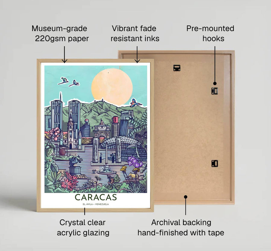 Playful tropical travel art print capturing the vibrant wildlife, city architecture, and mountain backdrop of Caracas. Offered by MapYourDreams, customers can choose between standalone paper prints, ready-to-hang wooden frames, and gallery canvas wraps.