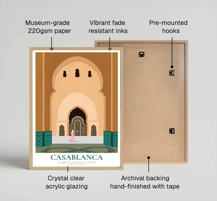 Elegant Casablanca Morocco poster showing Hassan II Mosque grand entrance with emerald green tiles and sand sandstone hues. Created by MapYourDreams, this artwork is available in flexible options including unframed paper, custom wooden frames, and gallery canvas wraps for bedroom wall art.