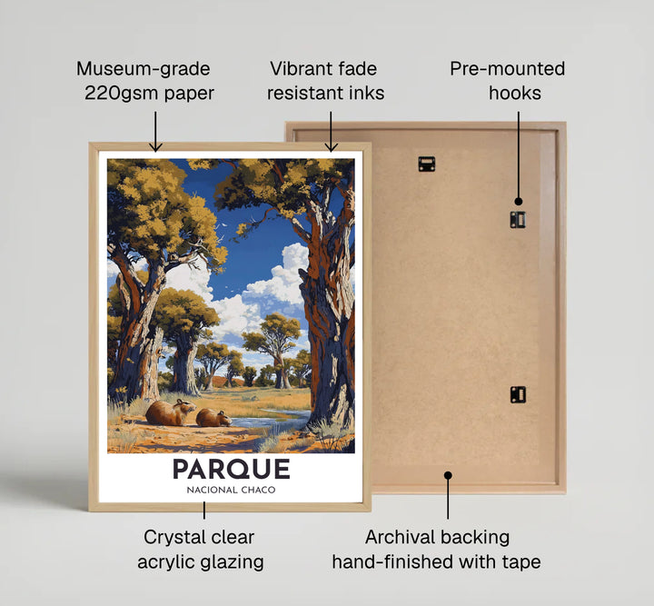 Wildlife wall art poster featuring two capybaras by a stream with tall golden trees under a brilliant blue summer sky. Available directly from MapYourDreams, this print comes in versatile mediums including roll-packed paper, custom frames, or canvas wraps.