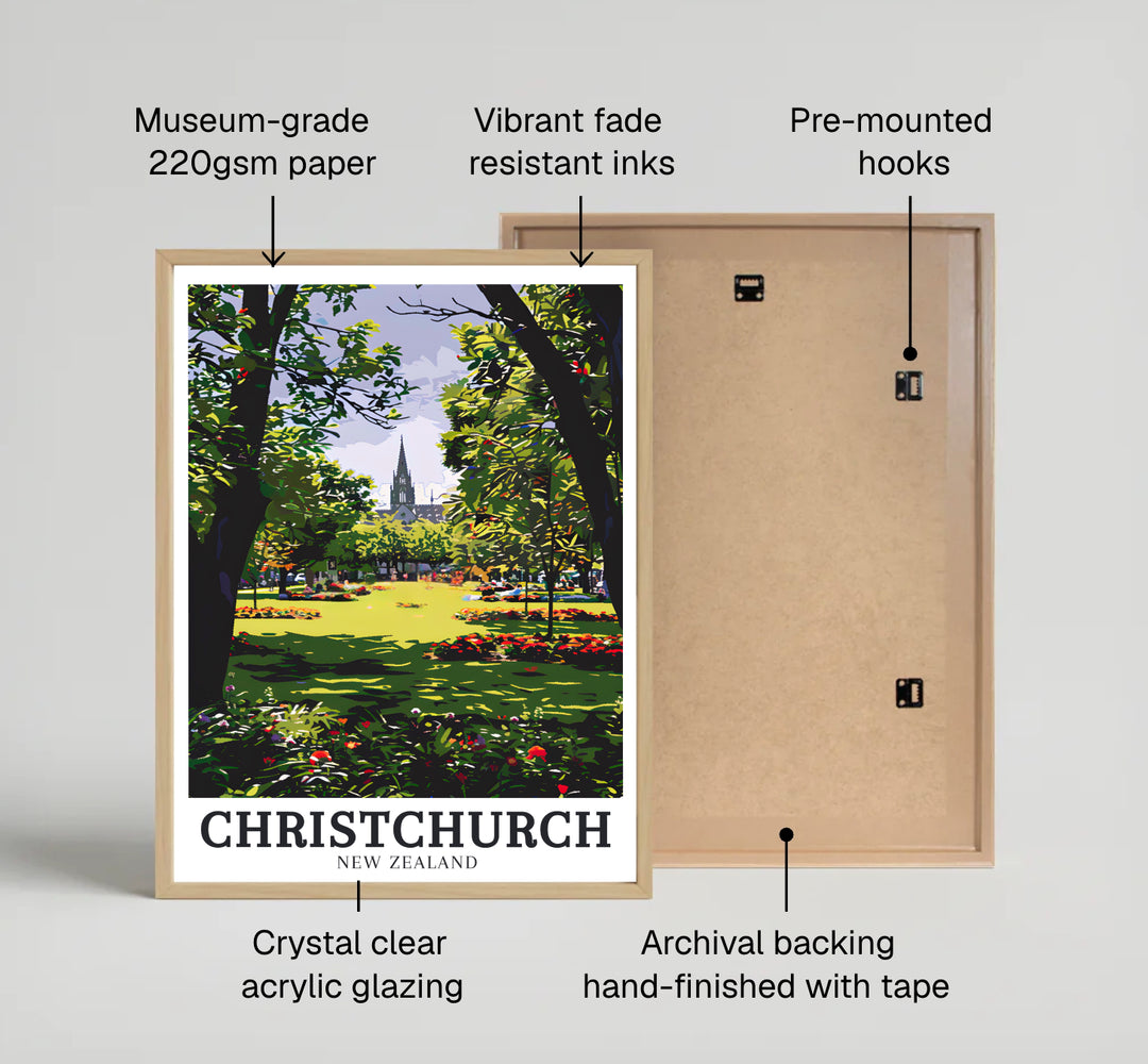 A view through mature trees across flower beds toward Christchurch Cathedral in Christchurch Botanic Gardens stars in this vector print. Discover framed, unframed, and canvas options at MapYourDreams.