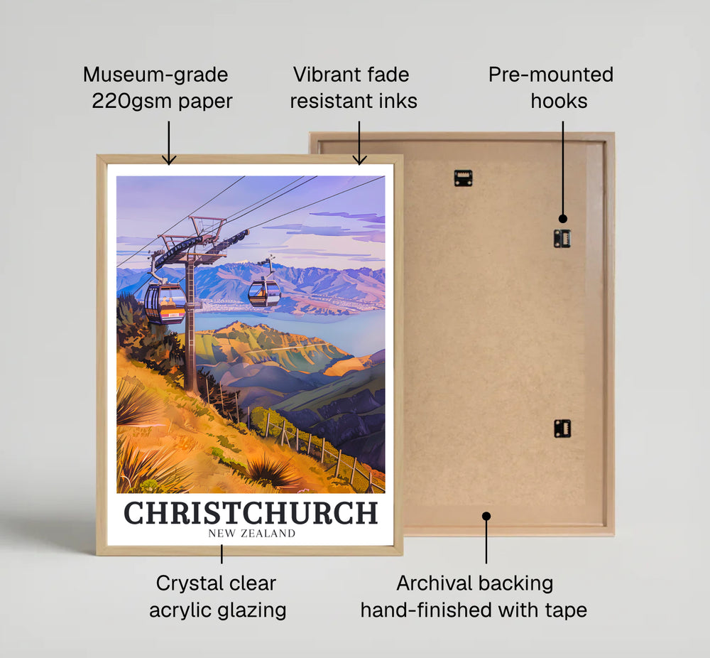 Panoramic views from Port Hills showing cable car towers in ChristChurch and the waters of Lake Ellesmere highlight this vector print. Select framed, unframed, and canvas poster styles at MapYourDreams.