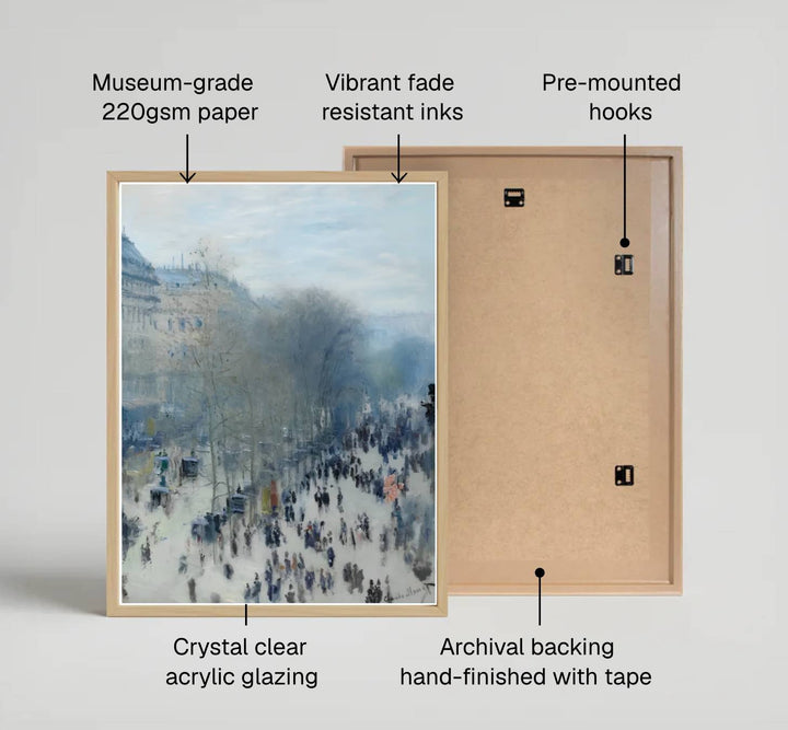 Showcasing a unique dialogue between classical cityscape painting and artistic refinement from French museum collections, this captivating Boulevard Des Capucines 1873 poster transforms residential walls. Available through MapYourDreams, collectors can select from unframed paper prints, elegant wooden framed setups, or textured gallery canvas presentations.