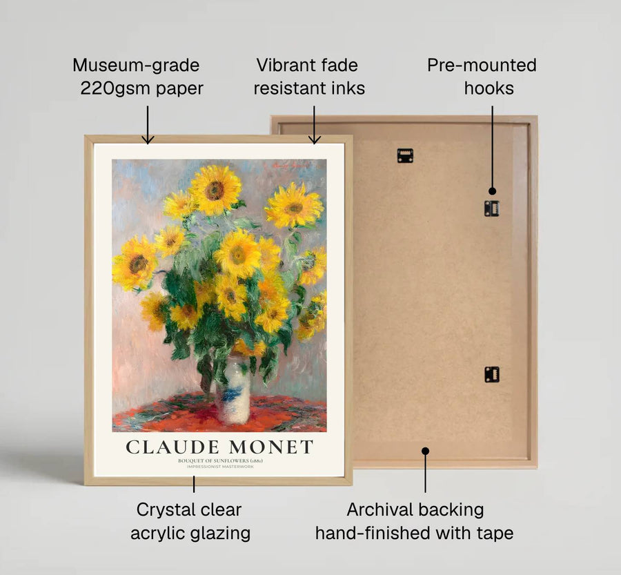Showcasing a unique dialogue between classical floral painting and artistic refinement from international museum collections, this captivating Bouquet Of Sunflowers 1881 poster transforms residential walls. Available through MapYourDreams, collectors can select from unframed paper prints, elegant wooden framed setups, or textured gallery canvas presentations.