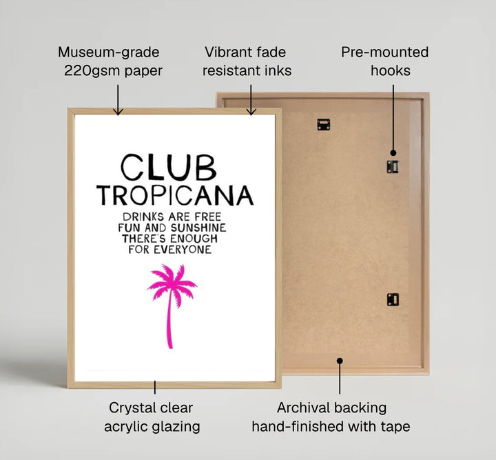Summer vacation lyric art print showcasing Wham song words and a neon pink palm tree at Club Tropicana, produced by MapYourDreams with available choices including unframed fine art paper, stretched gallery canvas, or custom frames in gold, bronze, and silver finishes.