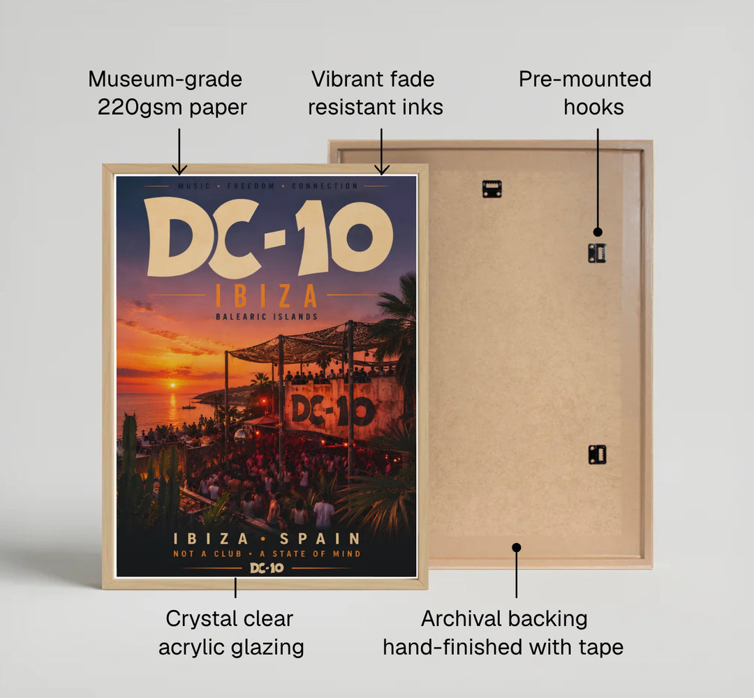 Spanish island summer travel wall art featuring bold text and golden hour terrace scene at DC-10 in Ibiza, Spain, created by MapYourDreams offering options for unframed poster prints, gallery canvas decor, or custom frame choices for record room displays.