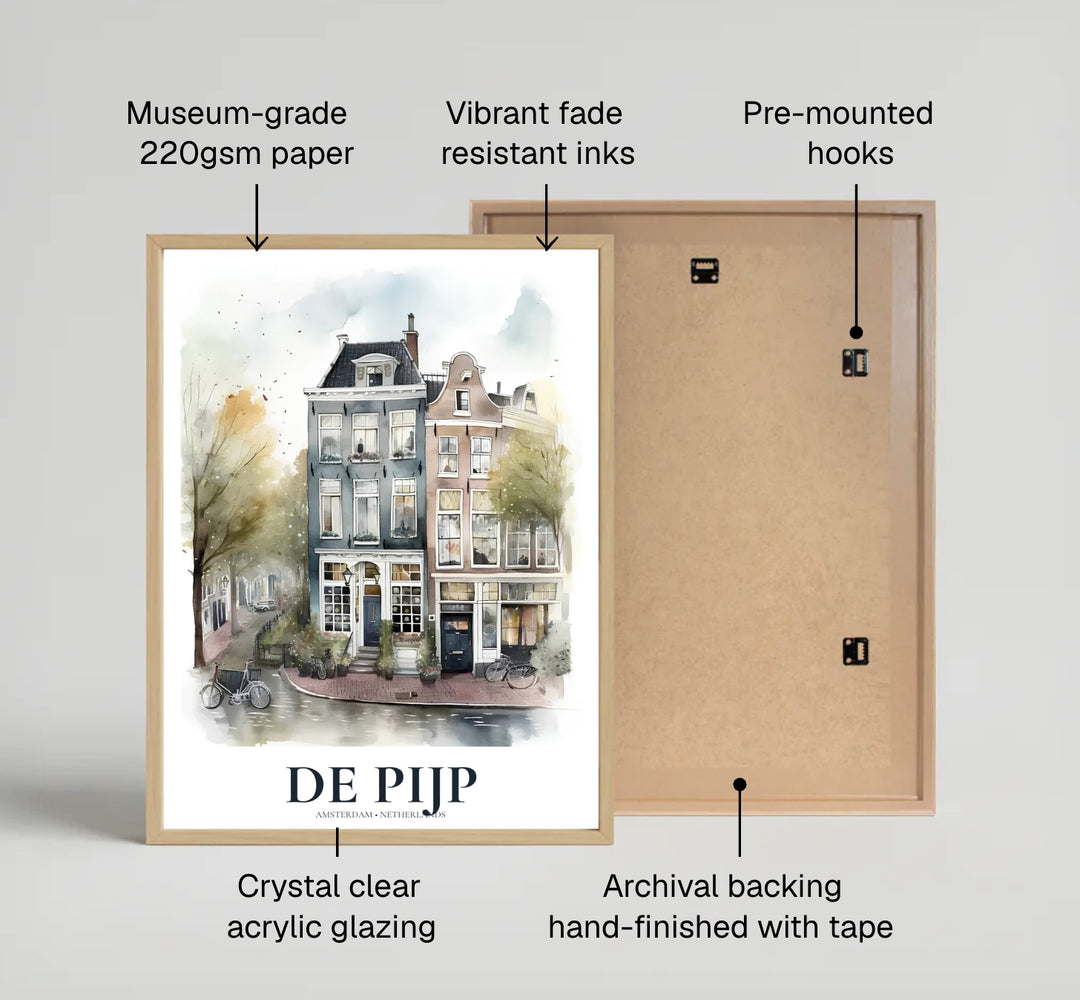 Bohemian European city poster featuring historic storefronts, bicycles, and soft sky washes in De Pijp Amsterdam, produced by MapYourDreams with available options for an unframed poster print, museum gallery canvas, or custom frames in pure gold, silver, and retro black.