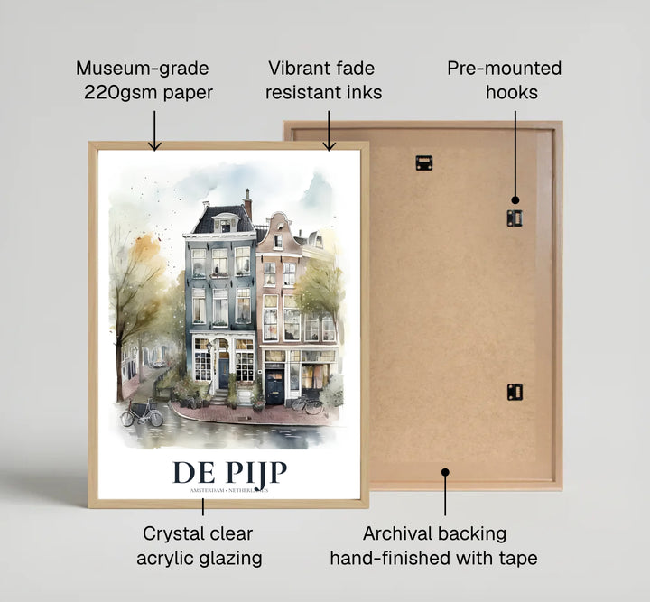 Bohemian European city poster featuring historic storefronts, bicycles, and soft sky washes in De Pijp Amsterdam, produced by MapYourDreams with available options for an unframed poster print, museum gallery canvas, or custom frames in pure gold, silver, and retro black.