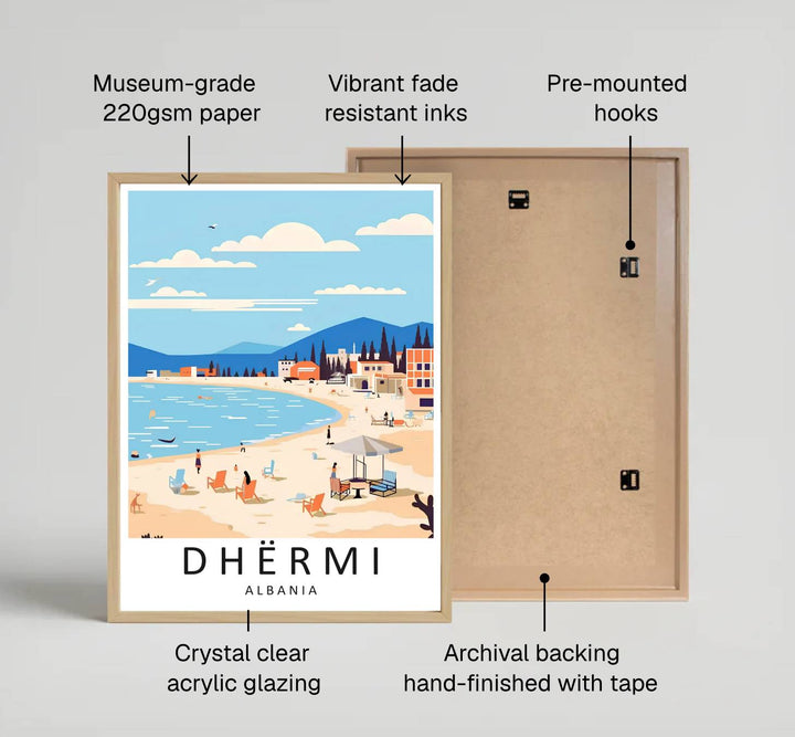 Modern retro-style travel artwork showing Dhërmi Albania on archival stock with clean typography reading Dhërmi Albania for your mid-century home decor. Offered by MapYourDreams, this artwork is available in flexible options including unframed paper, custom wooden frames, and gallery canvas wraps.