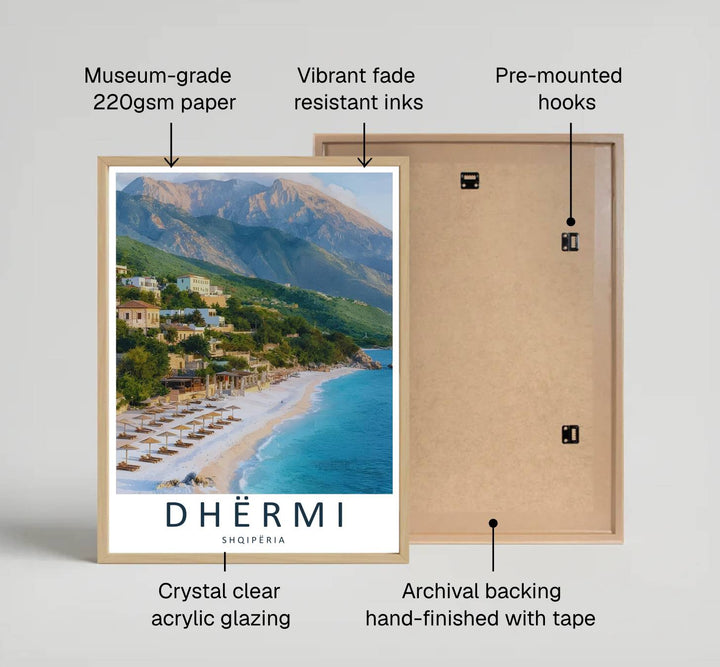 Looking down at the sparkling shoreline of Dhërmi, this photography print highlights the contrast between white pebbles, azure ocean, and steep green ridges. Provided by MapYourDreams with multiple finishes like unframed art paper, custom wooden frames, and gallery canvas wraps.