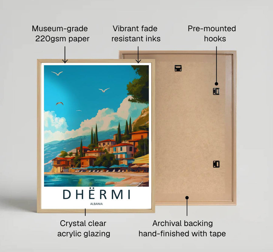 Capturing the cliffside charm of Dhërmi, this mid-century modern poster illustrates whitewashed stone buildings, pine trees, and serene waters. Offered by MapYourDreams, this artwork is available in flexible options including unframed paper, custom wooden frames, and gallery canvas wraps.