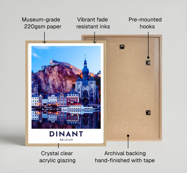 Real photography cityscape poster capturing the glowing lights of riverfront buildings in Dinant, Belgium. Offered by MapYourDreams, this artwork is available in flexible options including unframed paper, custom wooden frames, and gallery canvas wraps.