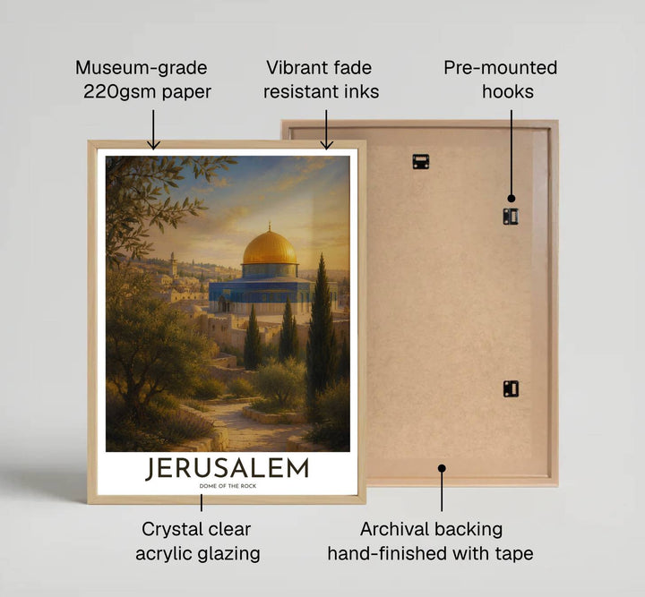 Elegant Jerusalem Palestine poster showing golden Dome of the Rock sanctuary framed by olive grove foliage and cypress trees. Created by MapYourDreams, this artwork is available in flexible options including unframed paper, custom wooden frames, and gallery canvas wraps for bedroom wall art.