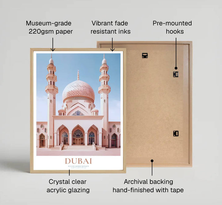 Elegant Dubai UAE poster showing Jumeirah Mosque facade with delicate lattice dome carving and clean symmetry. Created by MapYourDreams, this artwork is available in flexible options including unframed paper, custom wooden frames, and gallery canvas wraps for bedroom wall art.