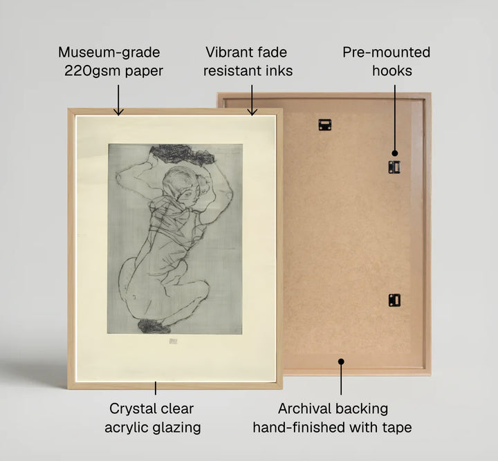 Muted grey plate wash nude wall poster of Egon Schiele Crouching Female Nude 1914 from Leopold Museum Vienna highlighting sharp Expressionist line hatchings. MapYourDreams supplies custom framed paper prints, unframed wall posters, and gallery stretched canvas art for living rooms and bedrooms.