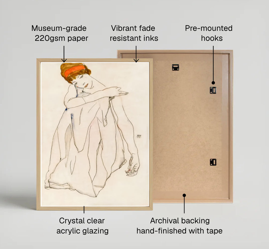 Fine art giclée watercolor poster of Egon Schiele Dancer Tanzerin 1913 preserved in Albertina Museum Vienna with warm neutral ivory hues. MapYourDreams offers versatile framed wall art, unframed poster prints, and stretched canvas choices for complete room decoration projects.