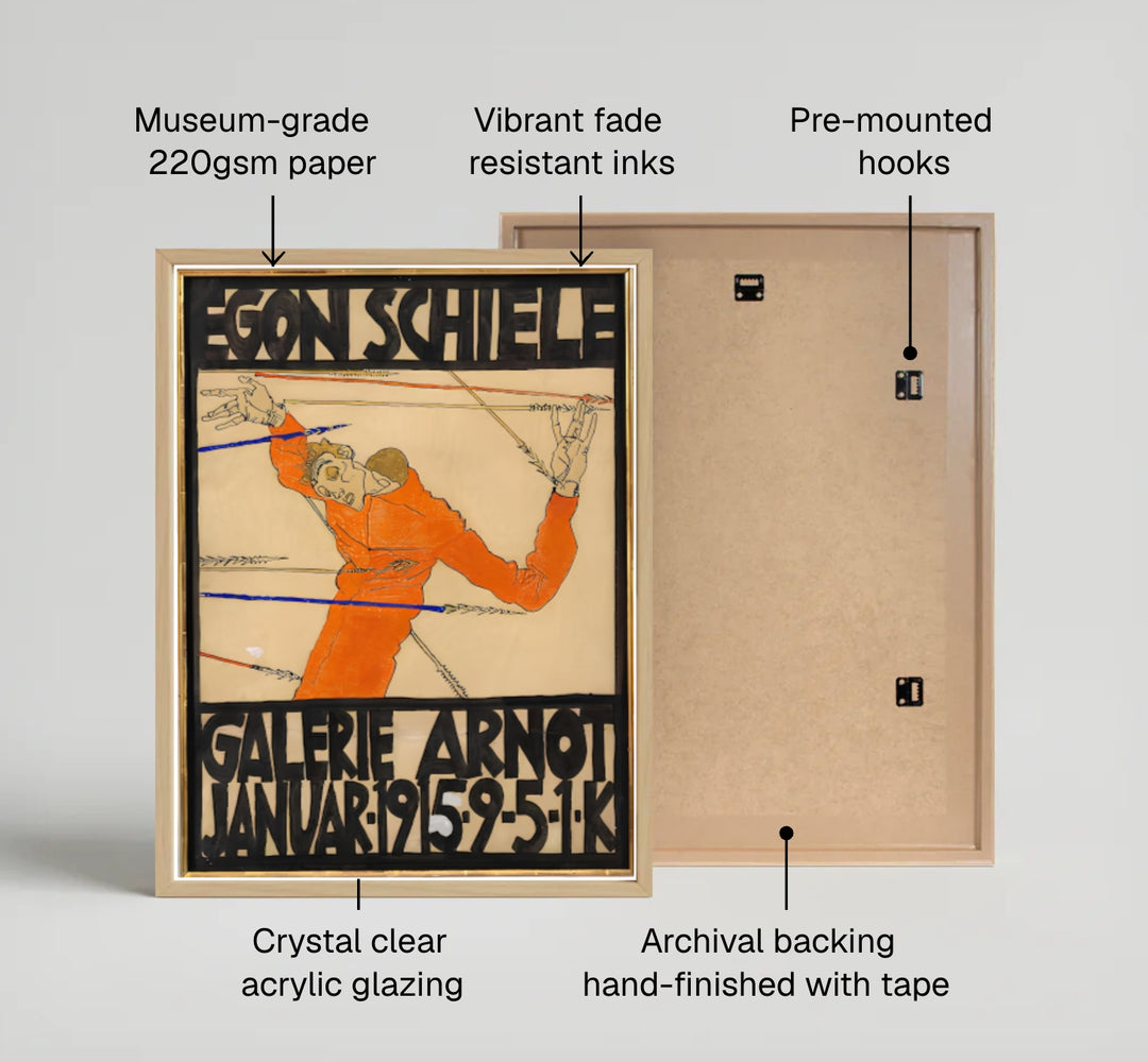 Historic Viennese Secession fine art study of Egon Schiele Galerie Arnot 1915 in Galerie Arnot Vienna with distinct black typographic work. Explore ready-to-hang framed wall art, unframed paper poster prints, and gallery canvas decor available directly from MapYourDreams online store today.