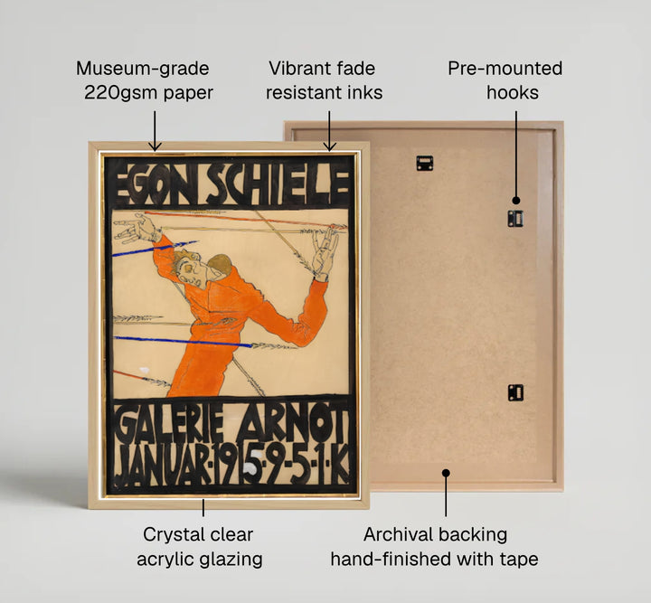 Historic Viennese Secession fine art study of Egon Schiele Galerie Arnot 1915 in Galerie Arnot Vienna with distinct black typographic work. Explore ready-to-hang framed wall art, unframed paper poster prints, and gallery canvas decor available directly from MapYourDreams online store today.