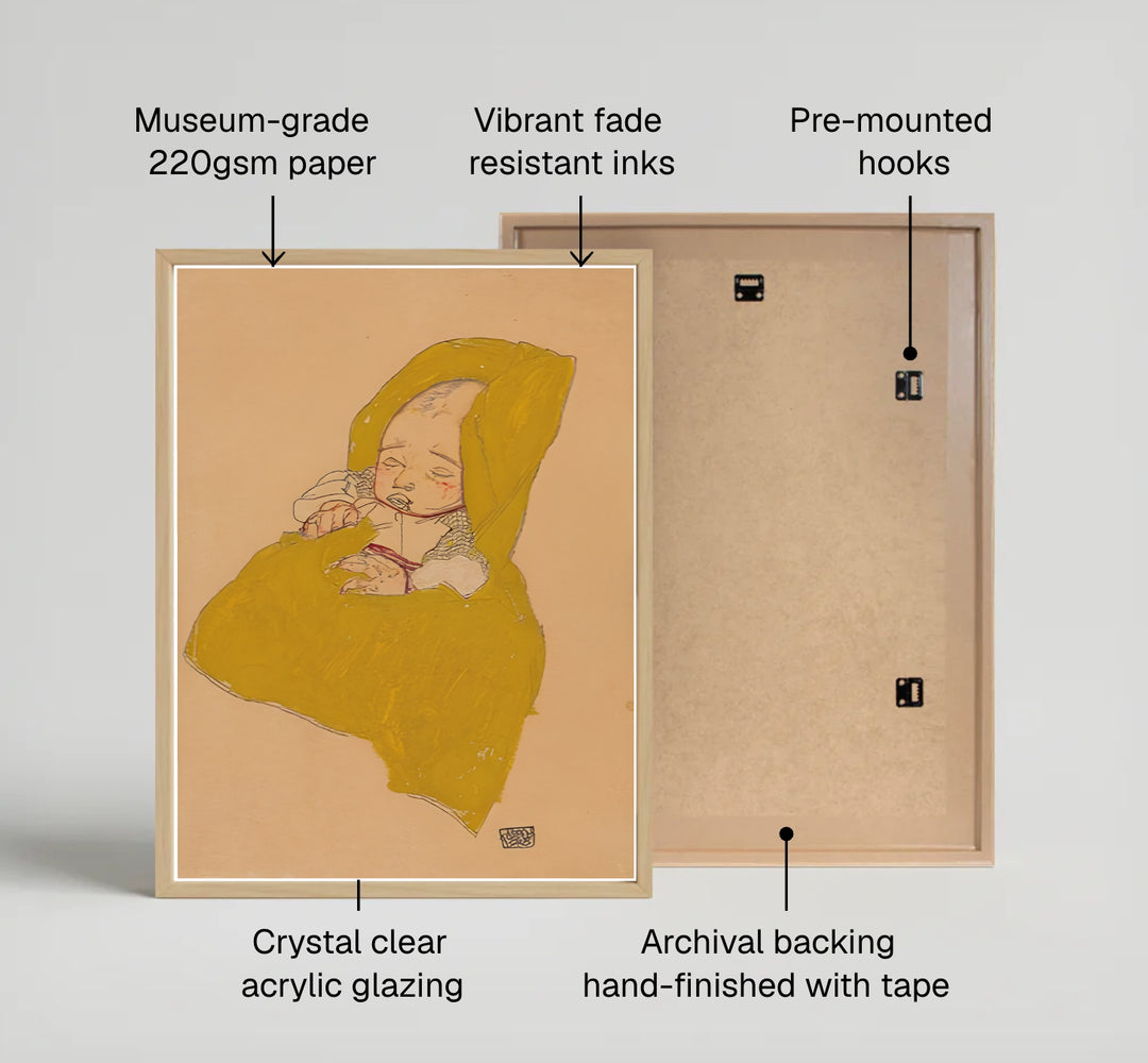 Warm tone infant figure study poster print of Egon Schiele Infant On A Changing Pad 1915 from Leopold Museum Vienna displaying expressive posture. MapYourDreams provides premium framed prints, unframed paper wall poster decor, and stretched canvas choices for sophisticated art gallery walls.
