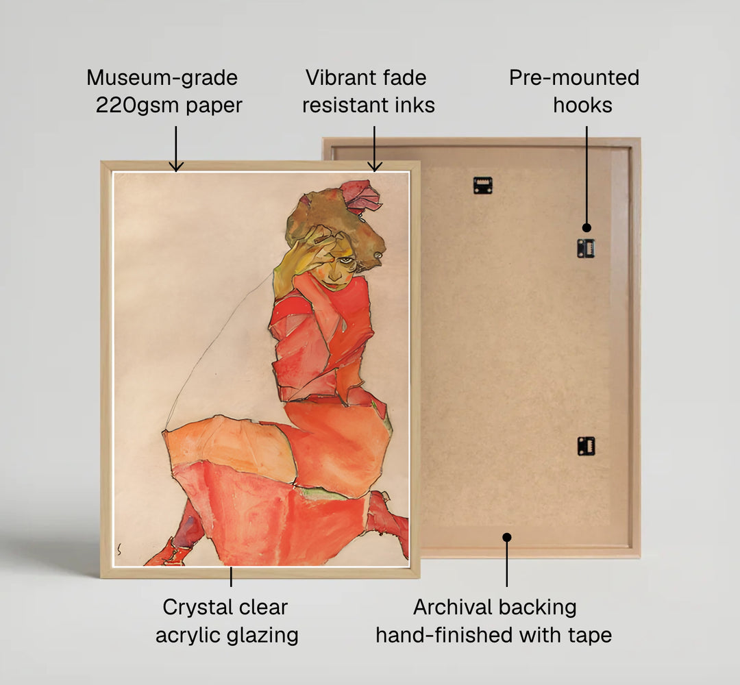 Historic Viennese Secession fine art study of Egon Schiele Kneeling Female In Orange Red Dress 1910 in Leopold Museum Vienna with distinct crayon line work. Explore ready-to-hang framed wall art, unframed paper poster prints, and gallery canvas decor available directly from MapYourDreams online store today.