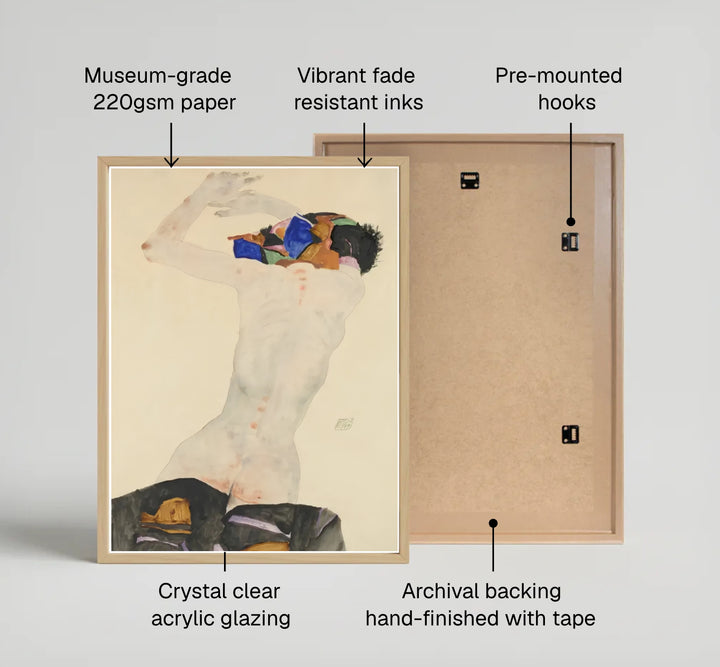 Archival fine art figure print of Egon Schiele Nude With Colorful Cloth 1911 displayed at Leopold Museum Vienna with realistic graphite stroke details. MapYourDreams features quality framed wall decor, unframed poster prints, and stretched canvas options designed for neutral and modern interior layouts.