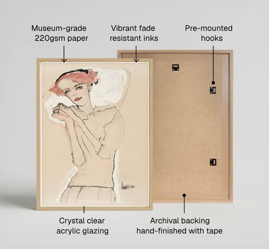 Archival fine art portrait print of Egon Schiele Portrait Of A Woman 1910 created in Vienna Austria with realistic graphite stroke details. MapYourDreams features quality framed wall decor, unframed poster prints, and stretched canvas options designed for neutral and modern interior layouts.
