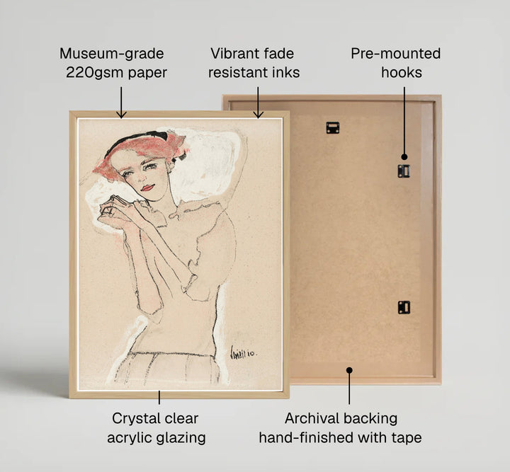 Archival fine art portrait print of Egon Schiele Portrait Of A Woman 1910 created in Vienna Austria with realistic graphite stroke details. MapYourDreams features quality framed wall decor, unframed poster prints, and stretched canvas options designed for neutral and modern interior layouts.