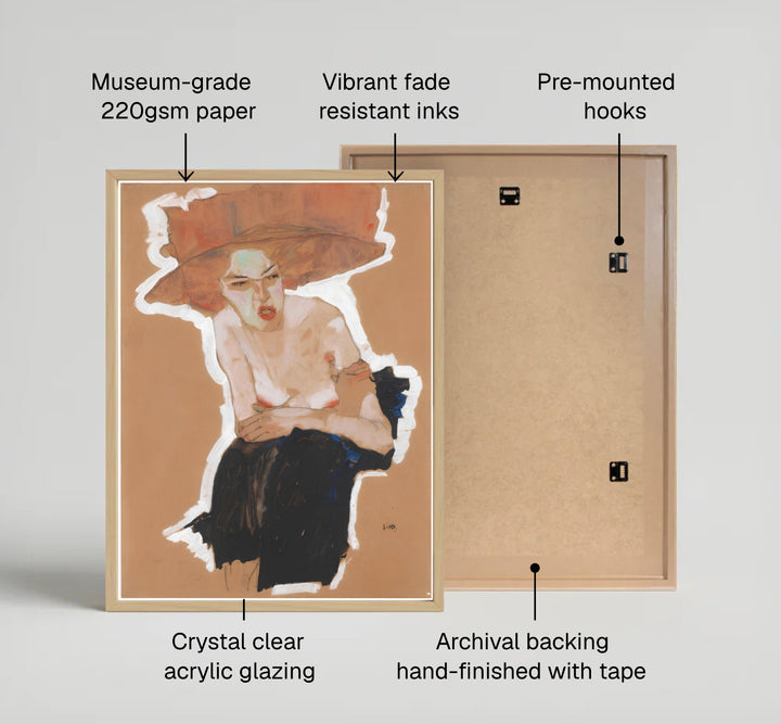 Vintage museum figure poster of Egon Schiele Seated Woman With Hat 1910 from Vienna Austria rendered on warm rustic tan packing paper. Select custom framed wall art, unframed paper poster prints, or gallery canvas formats at MapYourDreams for a refined office wall decoration focus.