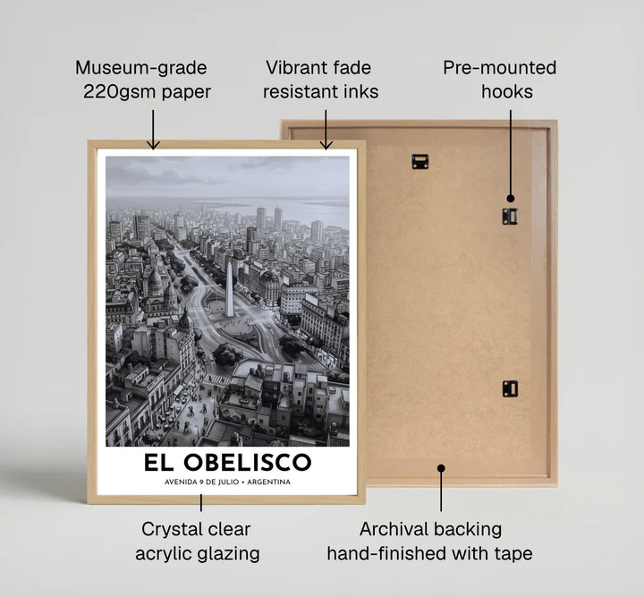 Black and white architectural wall art highlighting El Obelisco and the grand boulevard layout of central Buenos Aires. Available through MapYourDreams, this print accommodates various display preferences, including unframed art paper, framed prints, or canvas wraps.