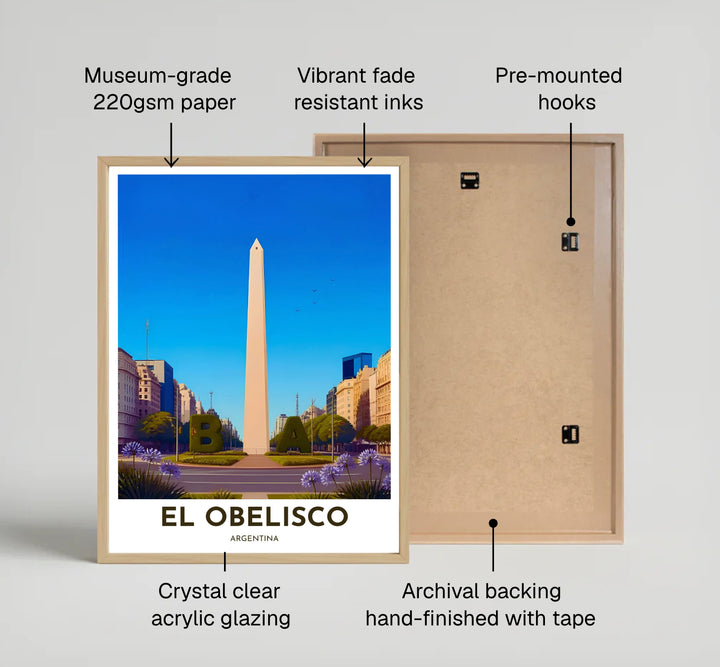 Urban city poster featuring El Obelisco and the BA plant sculpture bathed in warm golden hour light in Argentina. Available directly from MapYourDreams, this print comes in versatile mediums including roll-packed paper, custom frames, or canvas wraps.