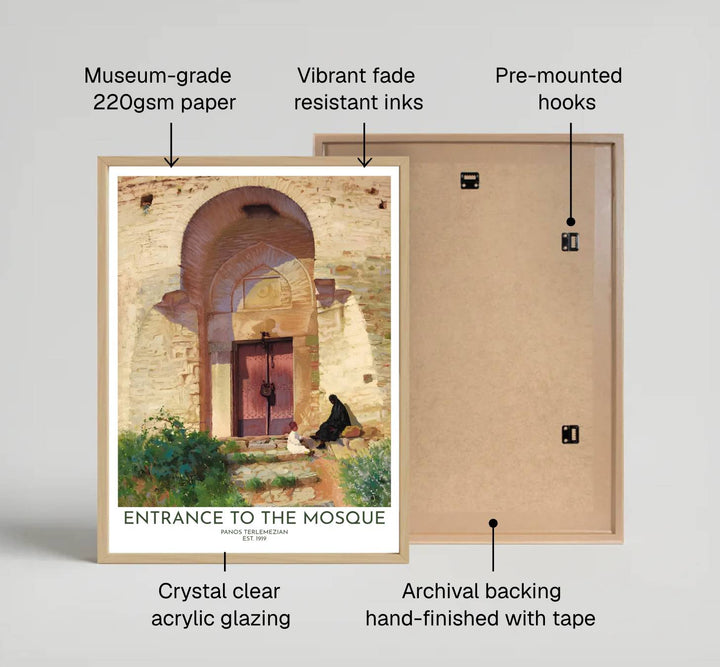Fine art impressionist print of Panos Terlemezian Entrance to the Mosque printed on premium 220gsm professional matte archival paper. Distributed by MapYourDreams, this artwork is available in flexible options including unframed paper, custom wooden frames, and gallery canvas wraps for stylish wall decor.