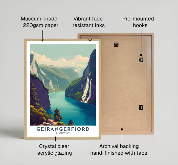Rich emerald cliffs and dramatic waterfalls surrounding the famous Geirangerfjord in Norway presented with classic travel poster typography. This nature landscape print provides flexible presentation options such as natural wood framed displays, unframed paper prints, and gallery stretched canvas artwork.