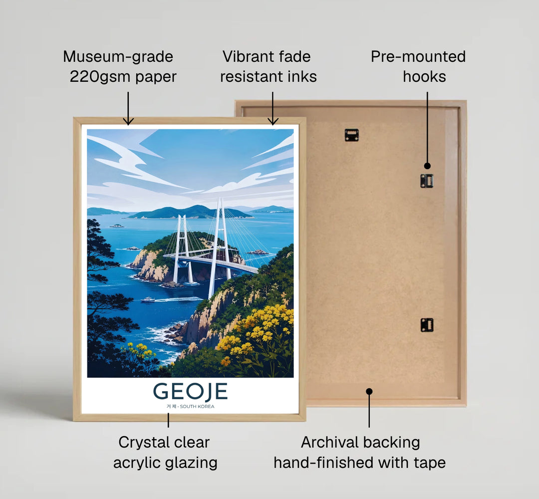 High-detail travel print featuring Geoga Bridge on Geoje Island, South Korea, complete with passing boats, rugged coastal cliffs, dark pine silhouettes, and yellow floral accents. Offered by MapYourDreams, this artwork is available in flexible options including unframed paper, custom wooden frames, and gallery canvas wraps.