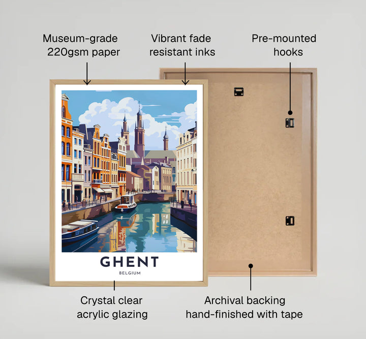 A vibrant architectural poster capturing the step-gabled facades and quiet quays of Ghent, Belgium. Offered by MapYourDreams, this artwork is available in flexible options including unframed paper, custom wooden frames, and gallery canvas wraps.