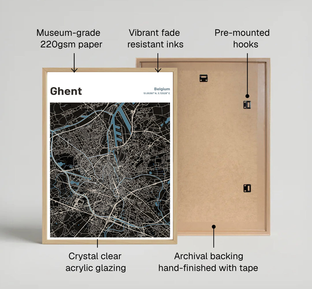 Captivating dark mode city map decor detailing the intricate street layout of Ghent, Belgium. Available across multiple options including unframed art paper, custom framed poster styles, and gallery canvas wall displays.