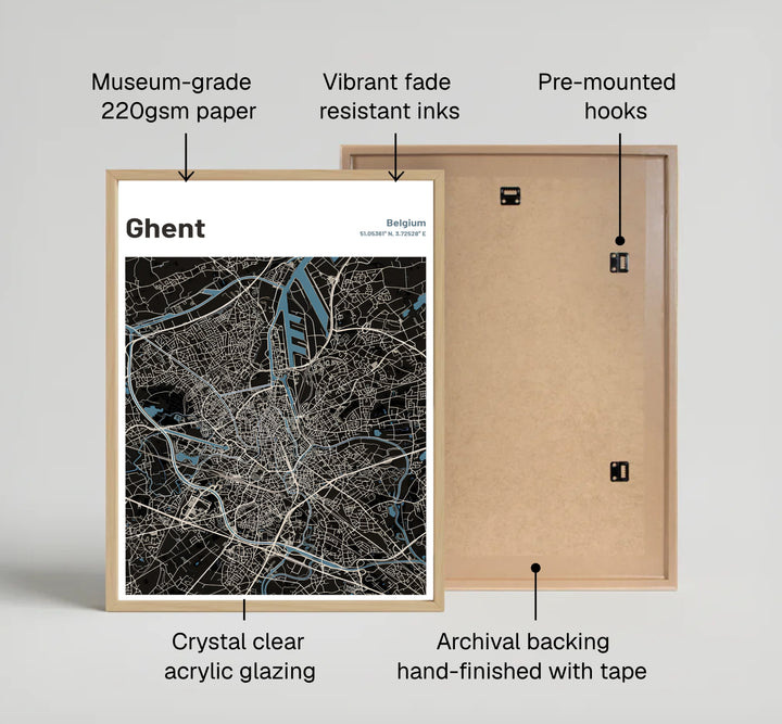 Captivating dark mode city map decor detailing the intricate street layout of Ghent, Belgium. Available across multiple options including unframed art paper, custom framed poster styles, and gallery canvas wall displays.
